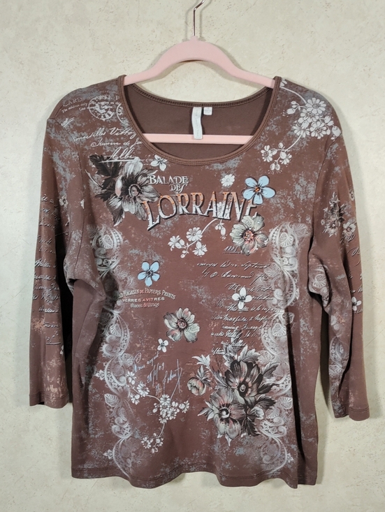 Susan Lawrence Tops - J102 Susan Lawrence Brown & Blue Floral Ballad Des Lorraine 3/4 Sleeve Tee 2X
